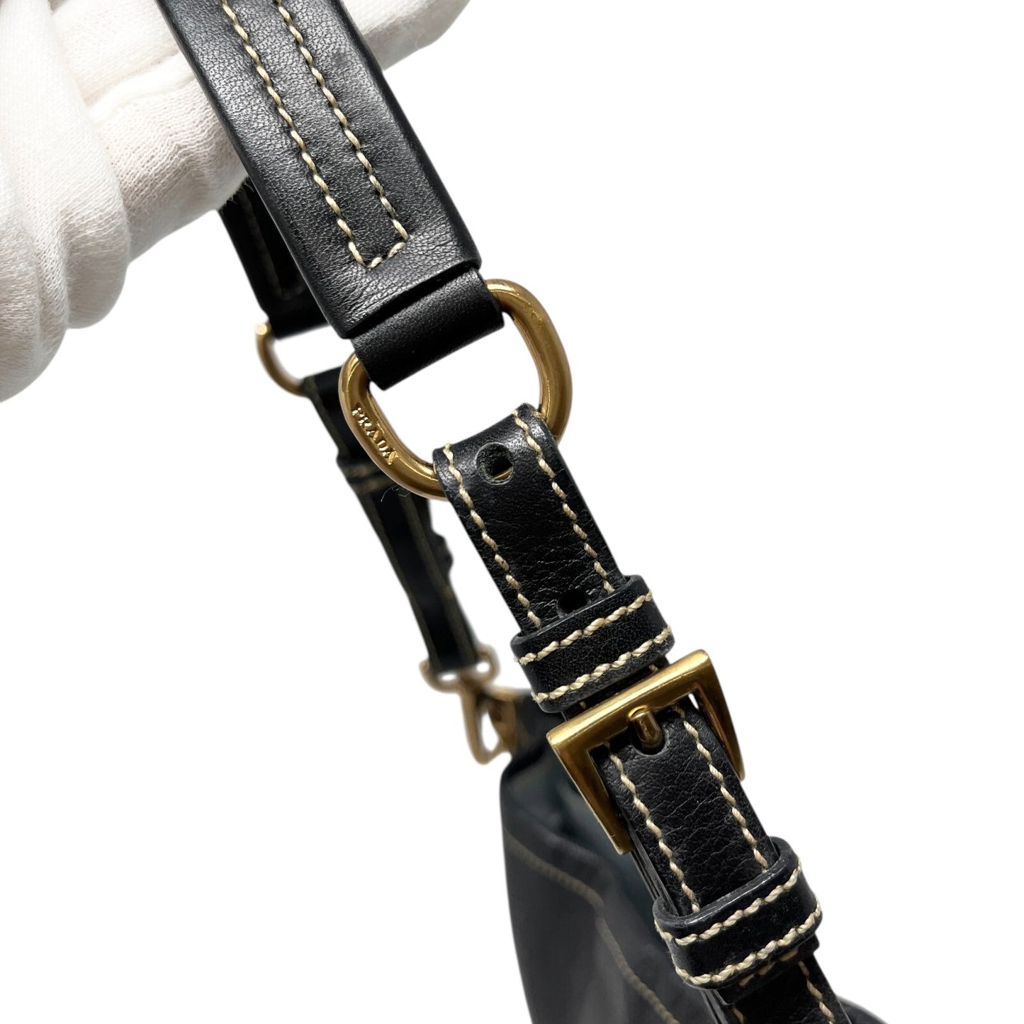 PRADA Vintage Logo Shoulder Bag Square Stitch Magnetic Black Gold Leather