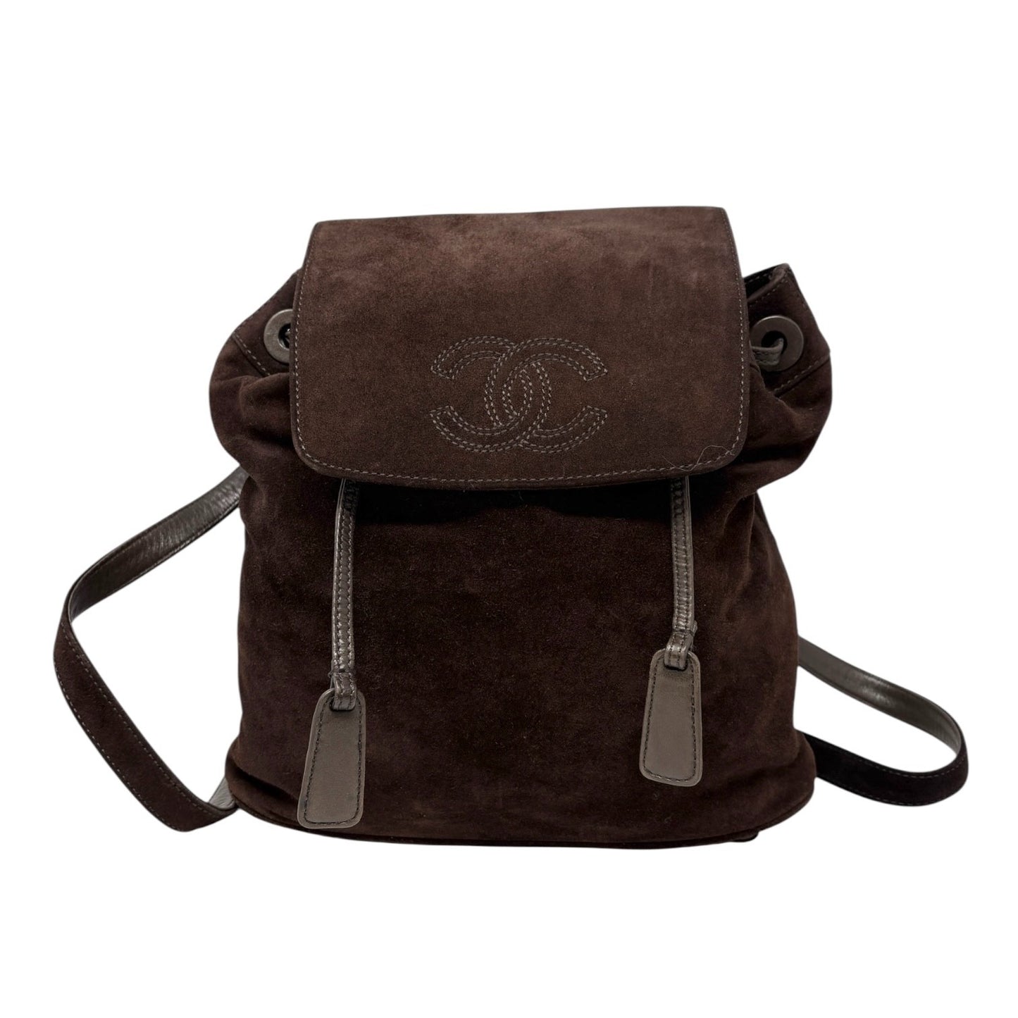 CHANEL Vintage CC Logo Suede Drawstring Flap Backpack Bag Stitch Brown Gold