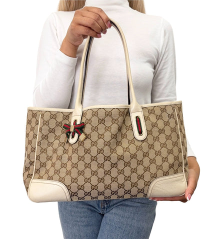 GUCCI Vintage GG Monogram Web Stripe Ribbon Tote Shoulder Bag Beige 902324