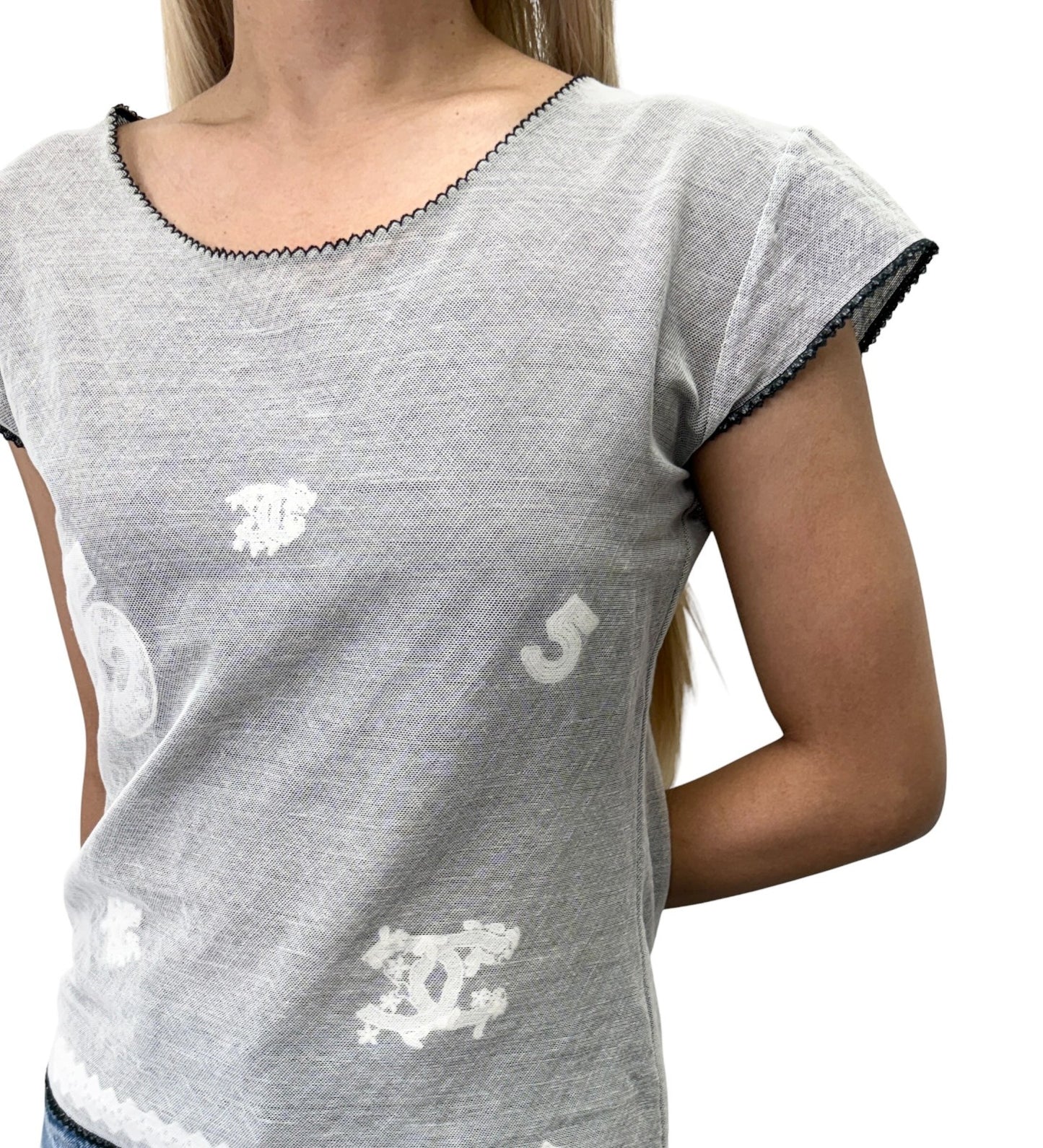 CHANEL Vintage 04P CC Logo No.5 Mesh Overlay Top #42 Gray Lace 901865
