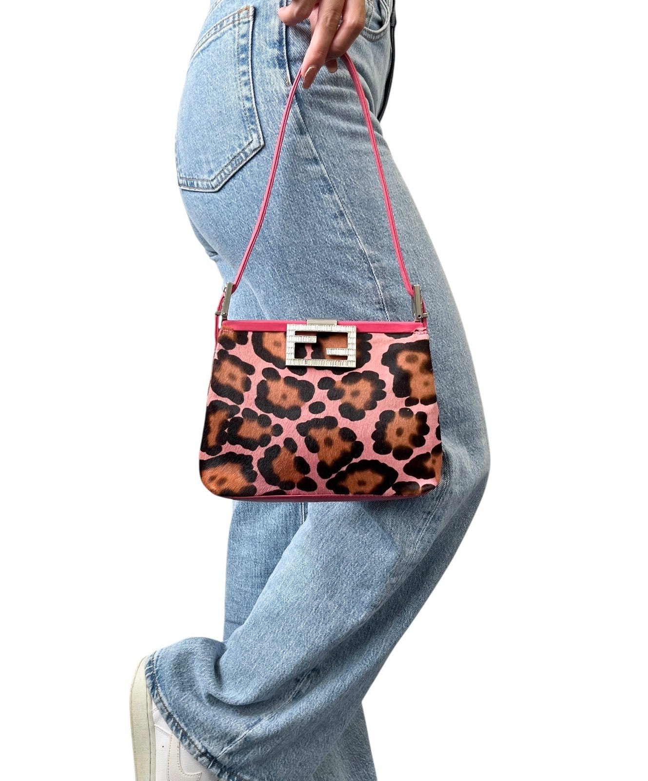 FENDI Vintage Mamma Baguette Leopard Pony Calf Hair Shoulder Bag Pink Brown