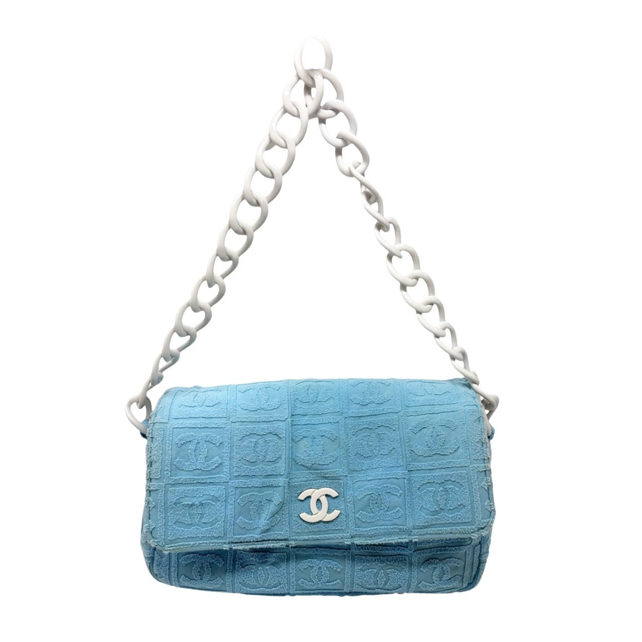 CHANEL Vintage CC Logo Terry Cloth Chain Shoulder Bag Blue White 901828