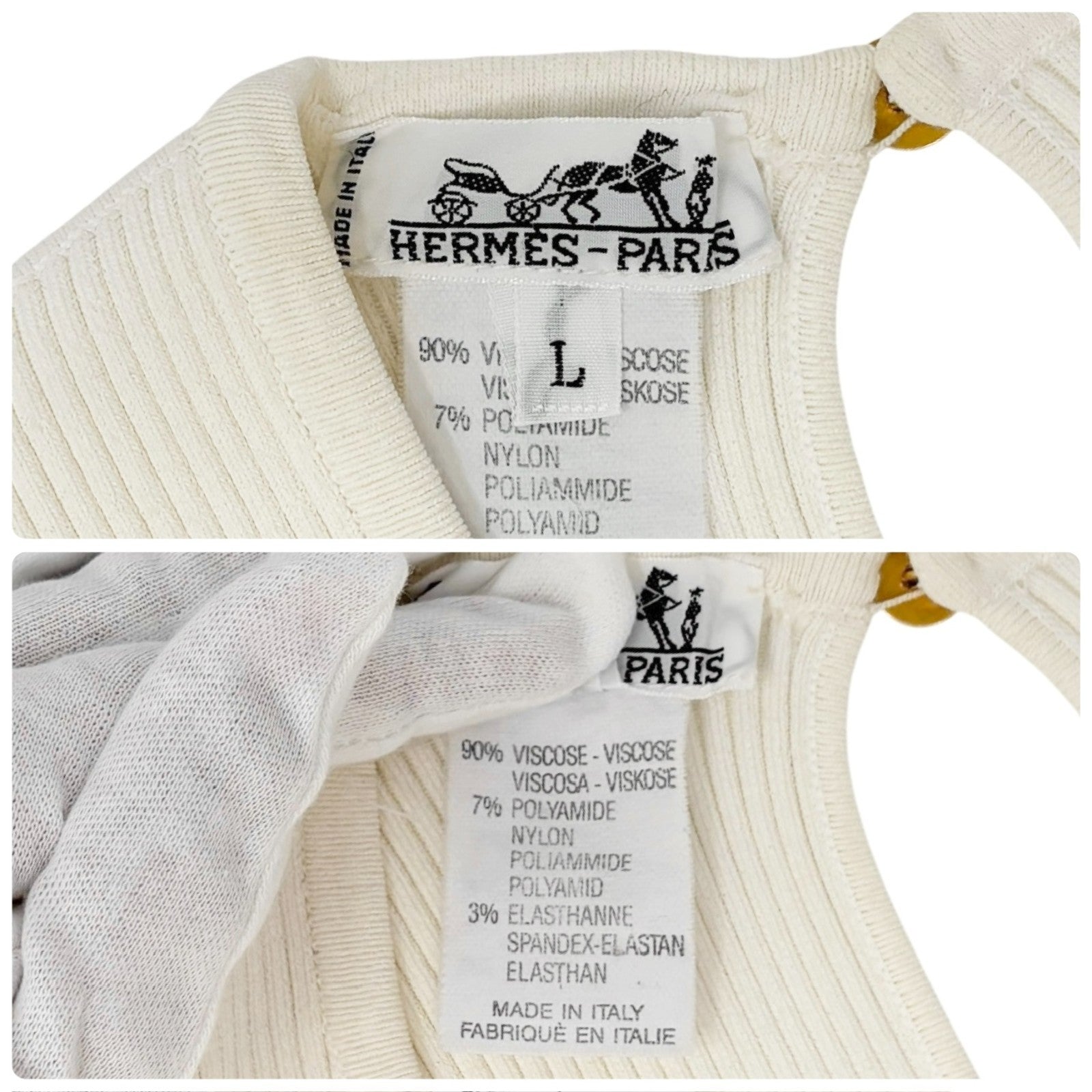 HERMES Vintage Logo Clou de Selle Button Rib Knit Tank Top #L White Gold Viscose