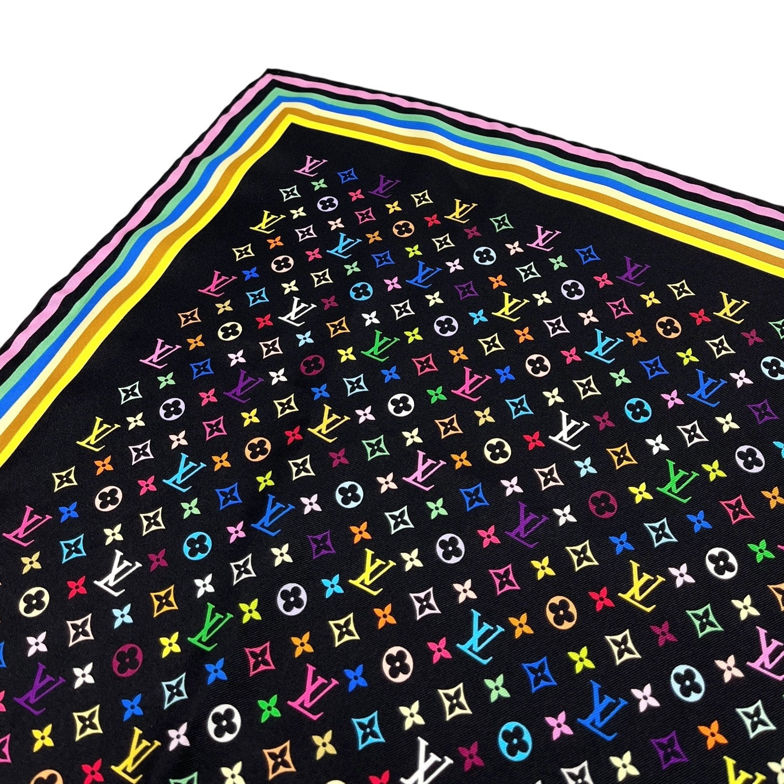 LOUIS VUITTON Vintage LV Logo Monogram Multicolor Scarf Wrap Top Black Silk