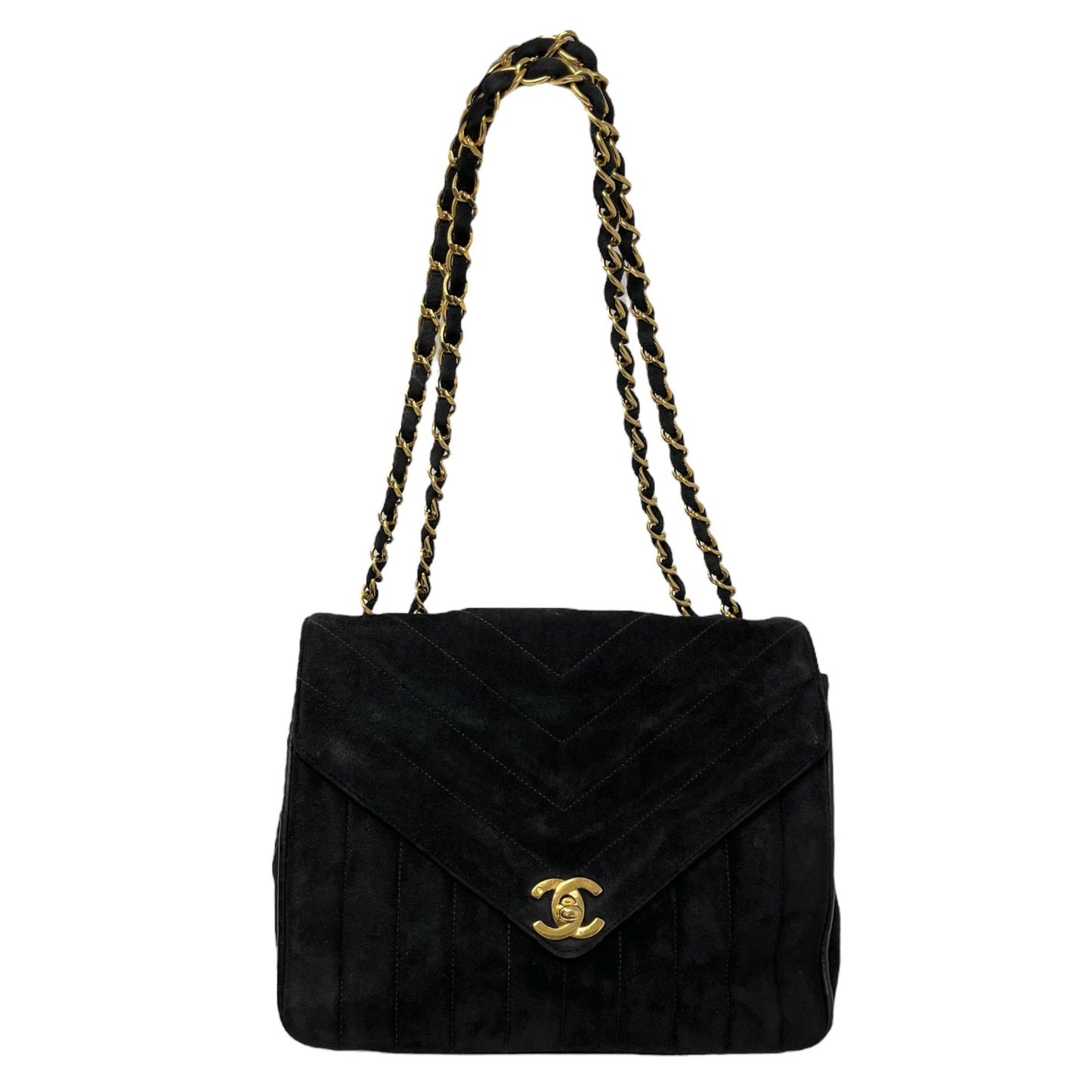 CHANEL Vintage CC Mark Logo Suede Crossbody Shoulder Bag Chain Black Gold