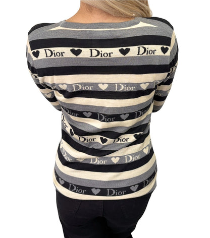 Christian Dior Vintage 2005 Stripe Heart Cardigan Top #40 Gray Ivory 902838