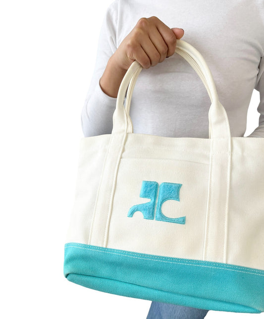 Courreges Vintage Logo Tote Bag Pocket Zip White Light Blue Cotton Rank AB