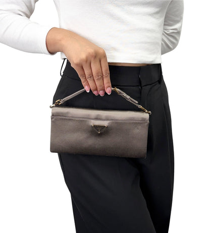 PRADA Vintage Logo Pochette Mini Hand Clutch Bag Satin Silver Gold 902499