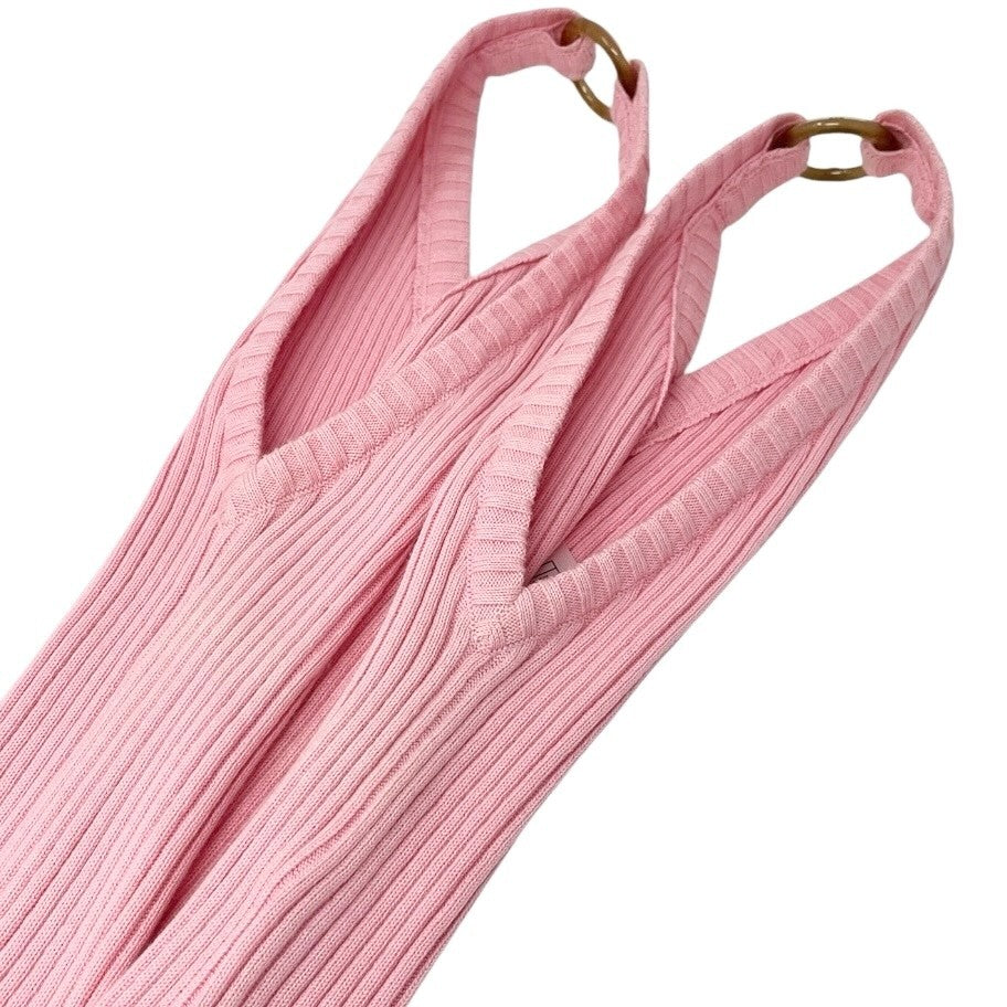 CHANEL Vintage 01C CC Logo Rib Knit Tank Top #38 Pink Gold Ring Cotton Rank AB