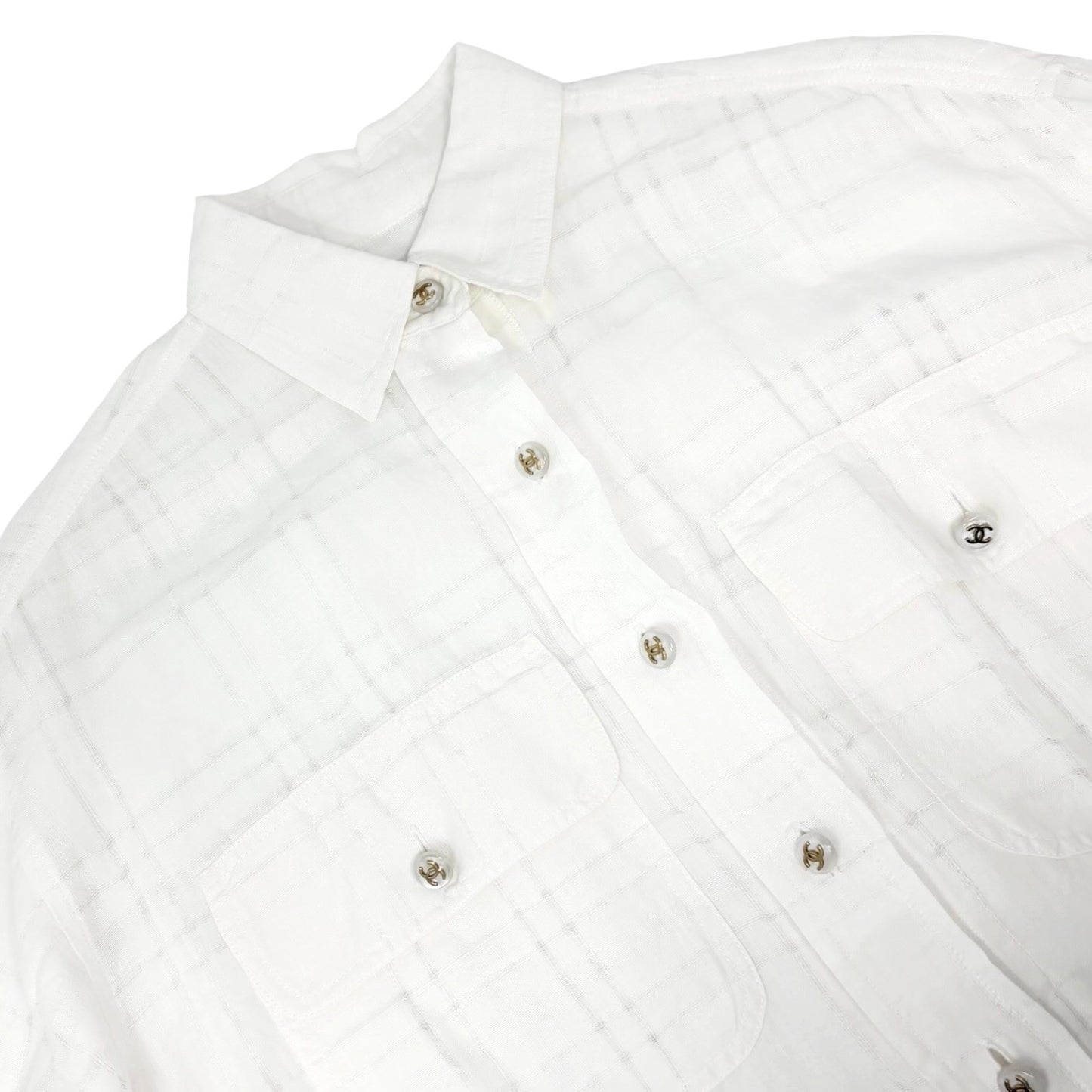 CHANEL Vintage CC Logo Checked Button Up Shirt #38 White Cotton Pocket 902289
