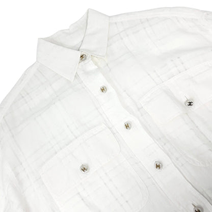 CHANEL Vintage CC Logo Checked Button Up Shirt #38 White Cotton Pocket 902289