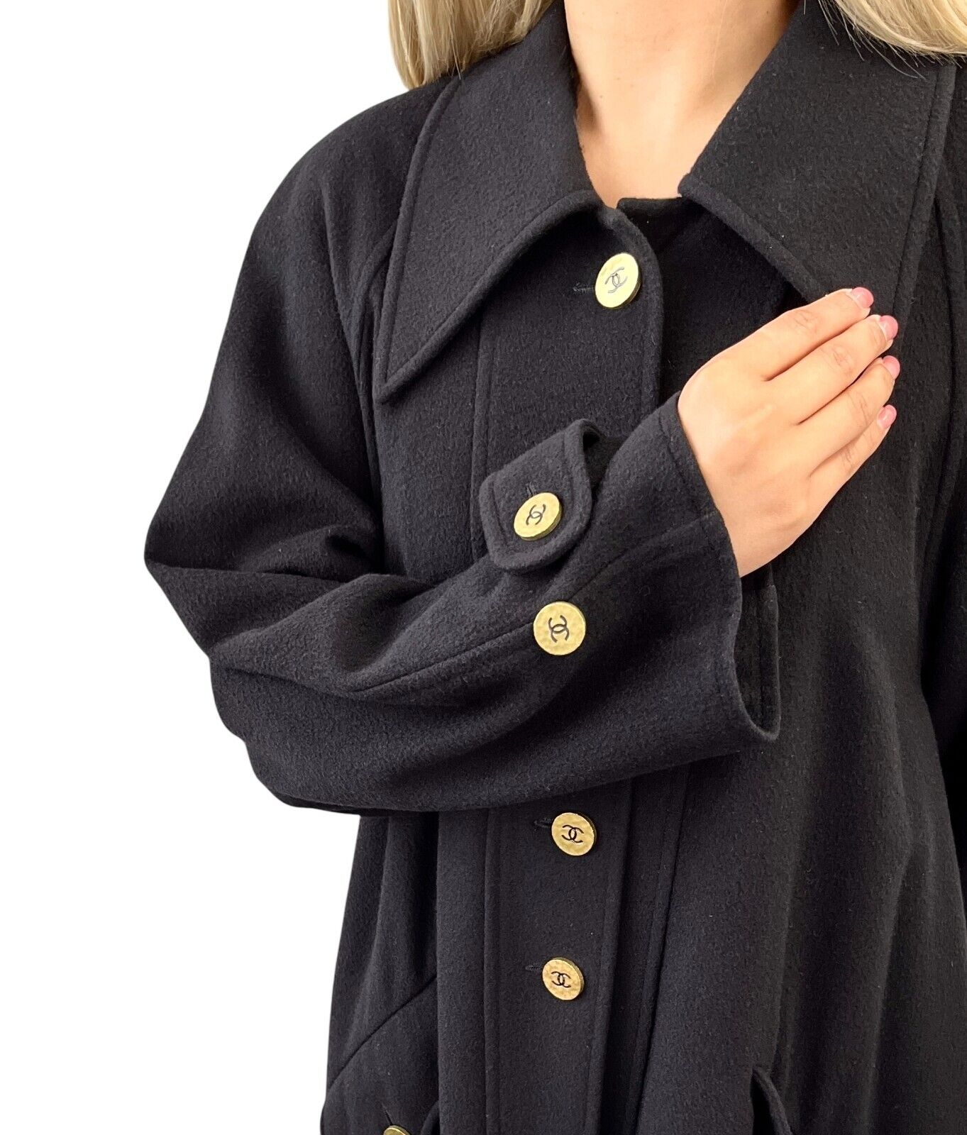 CHANEL Vintage 94A CC Logo Long Jacket Coat #36 Button Black Gold Cashmere