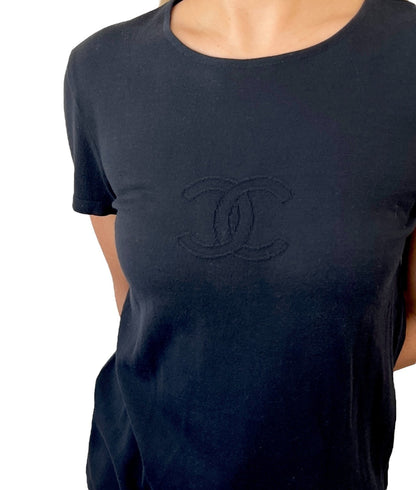 CHANEL Vintage 05C CC Logo Knit T-shirt #42 Short Sleeve Top Black 901186