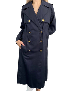 CELINE Vintage Macadam Logo Trench Coat #38 Navy Gold Cotton Button Rank AB