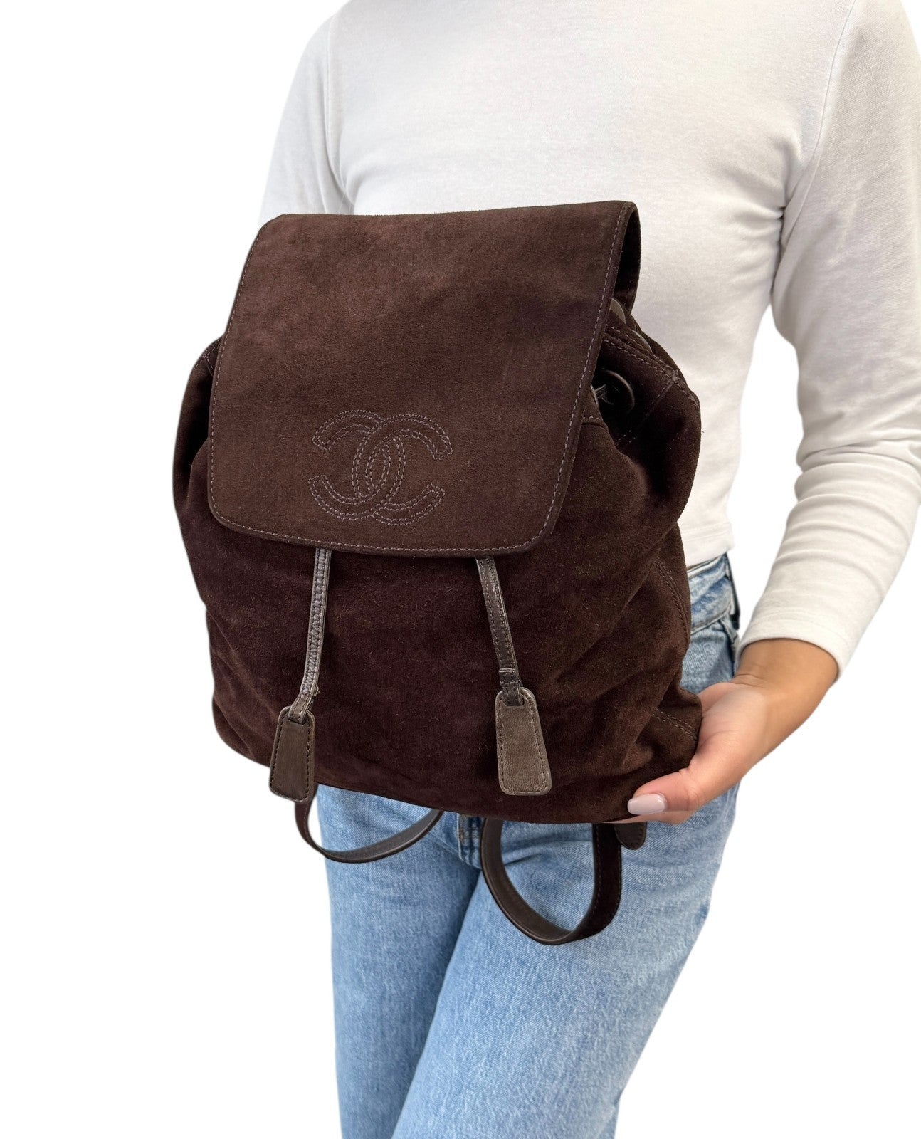 CHANEL Vintage CC Logo Suede Drawstring Flap Backpack Bag Stitch Brown Gold