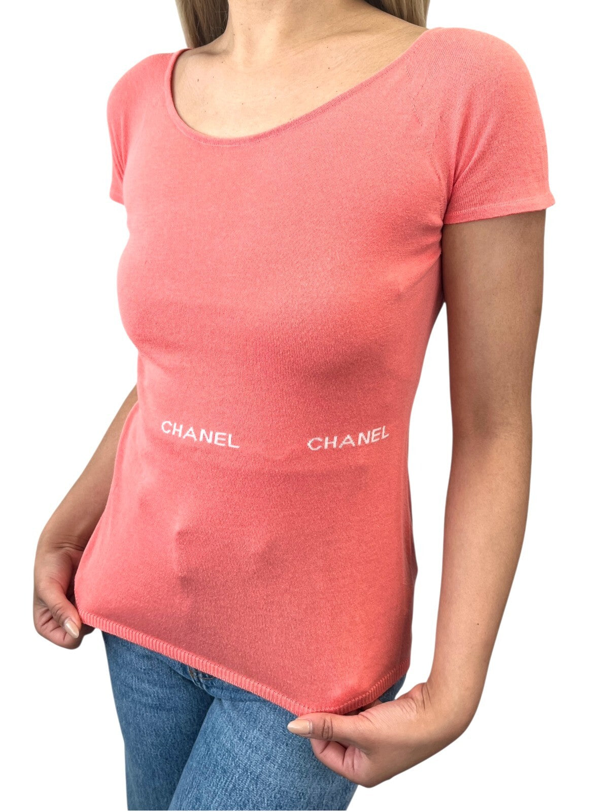 CHANEL Vintage 04P CC Logo Knit Top #38 Pink Orange Short Sleeve Round Neck