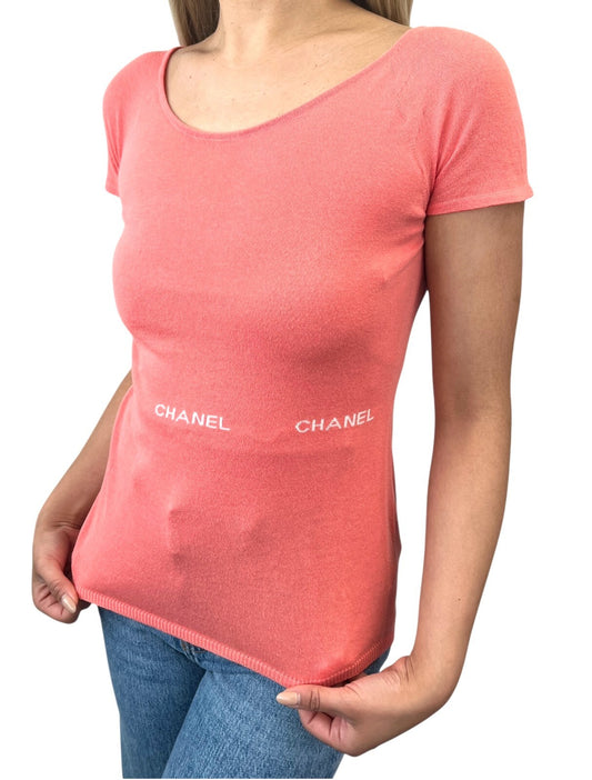 CHANEL Vintage 04P CC Logo Knit Top #38 Pink Orange Short Sleeve Round Neck