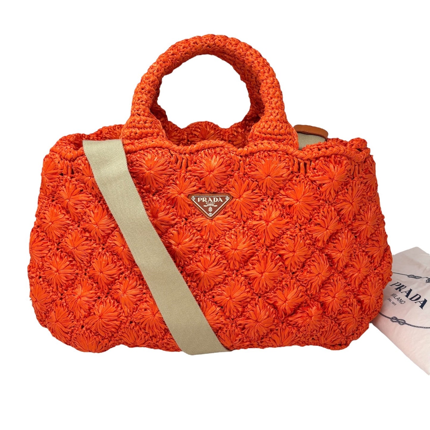 PRADA Vintage Triangle Logo Raffia Tote Bag Crossbody 2way Orange Snap Button