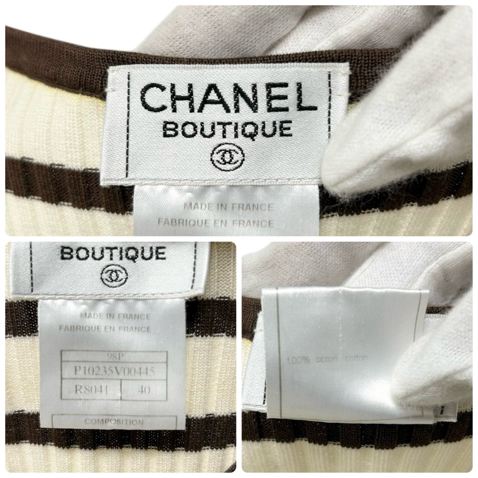 CHANEL Vintage 98P CC Mark Logo Striped Ribbed Knit Top #40 Brown White Cotton