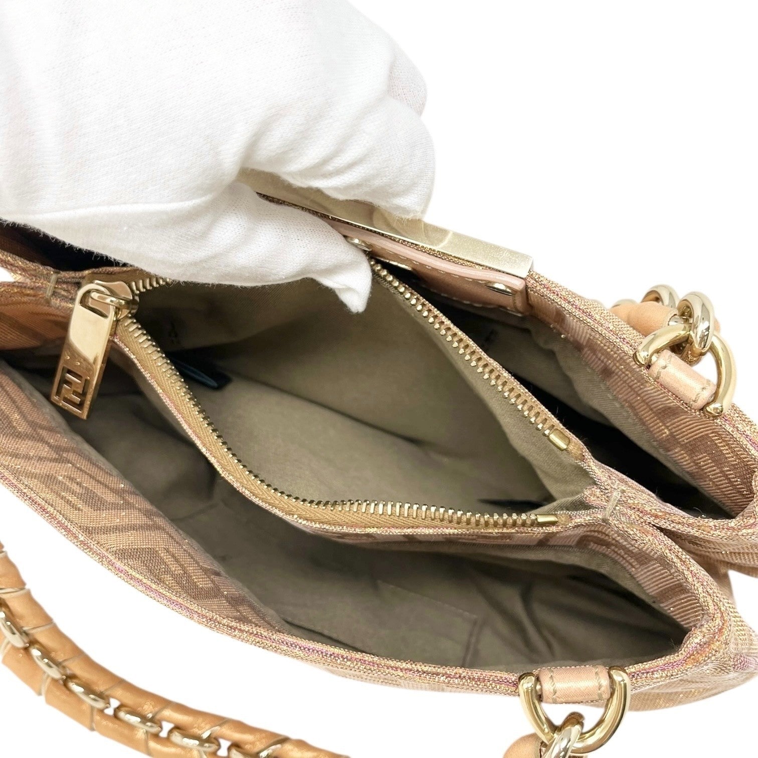 FENDI Vintage FF Logo Zucca Monogram Shoulder Bag Glitter Pink Beige Cotton