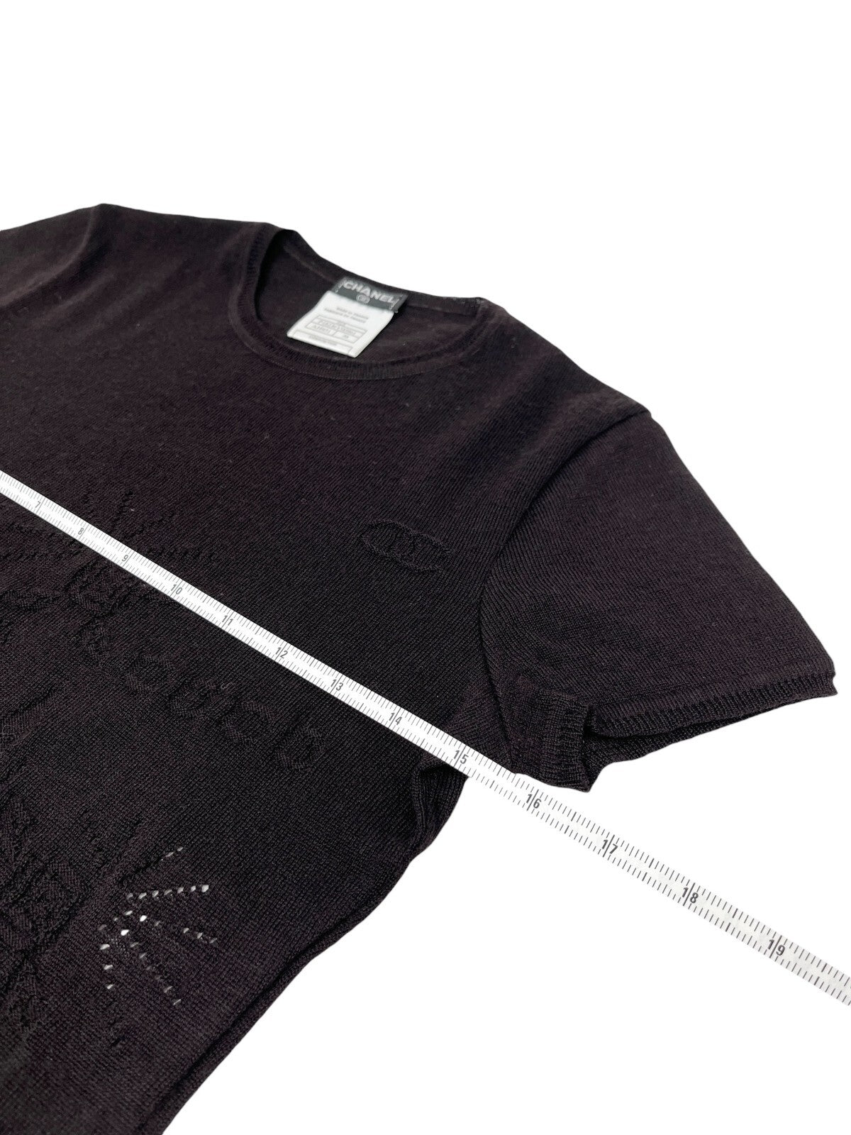 CHANEL Vintage 01A CC Logo Short Sleeve Sweater Knit Top #38 Black Wool Rank AB
