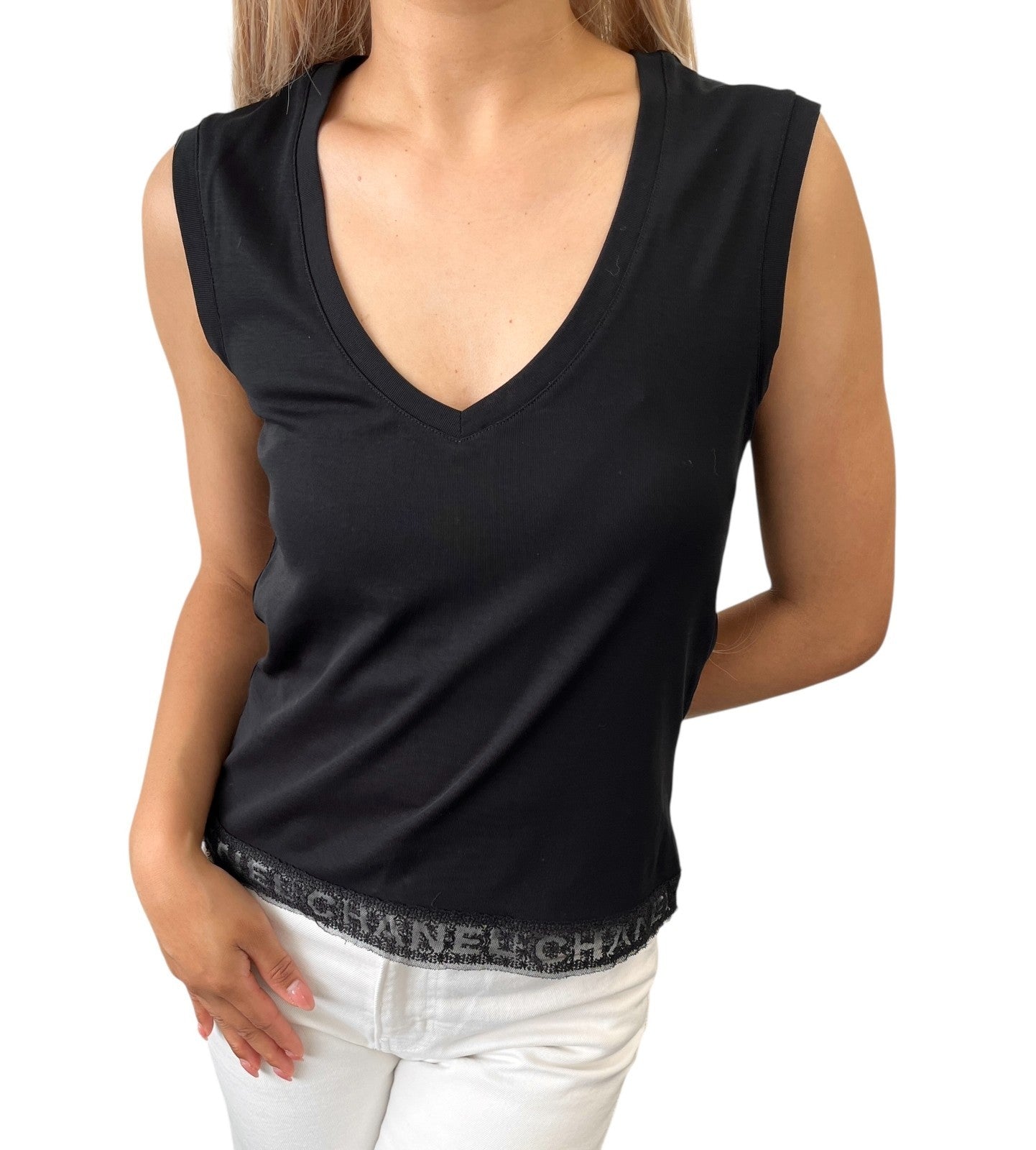 CHANEL Vintage Logo V-neck Tank Top Cotton Black Pullover Sleeveless