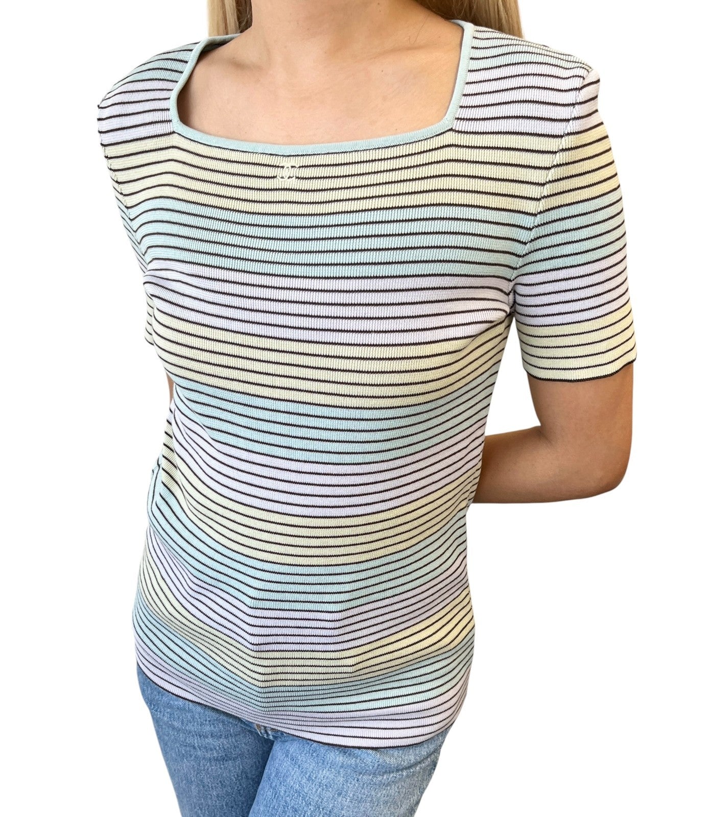 CHANEL Vintage 98P CC Logo Stripe Knit Shirt Top #40 Multicolor Cotton 902213