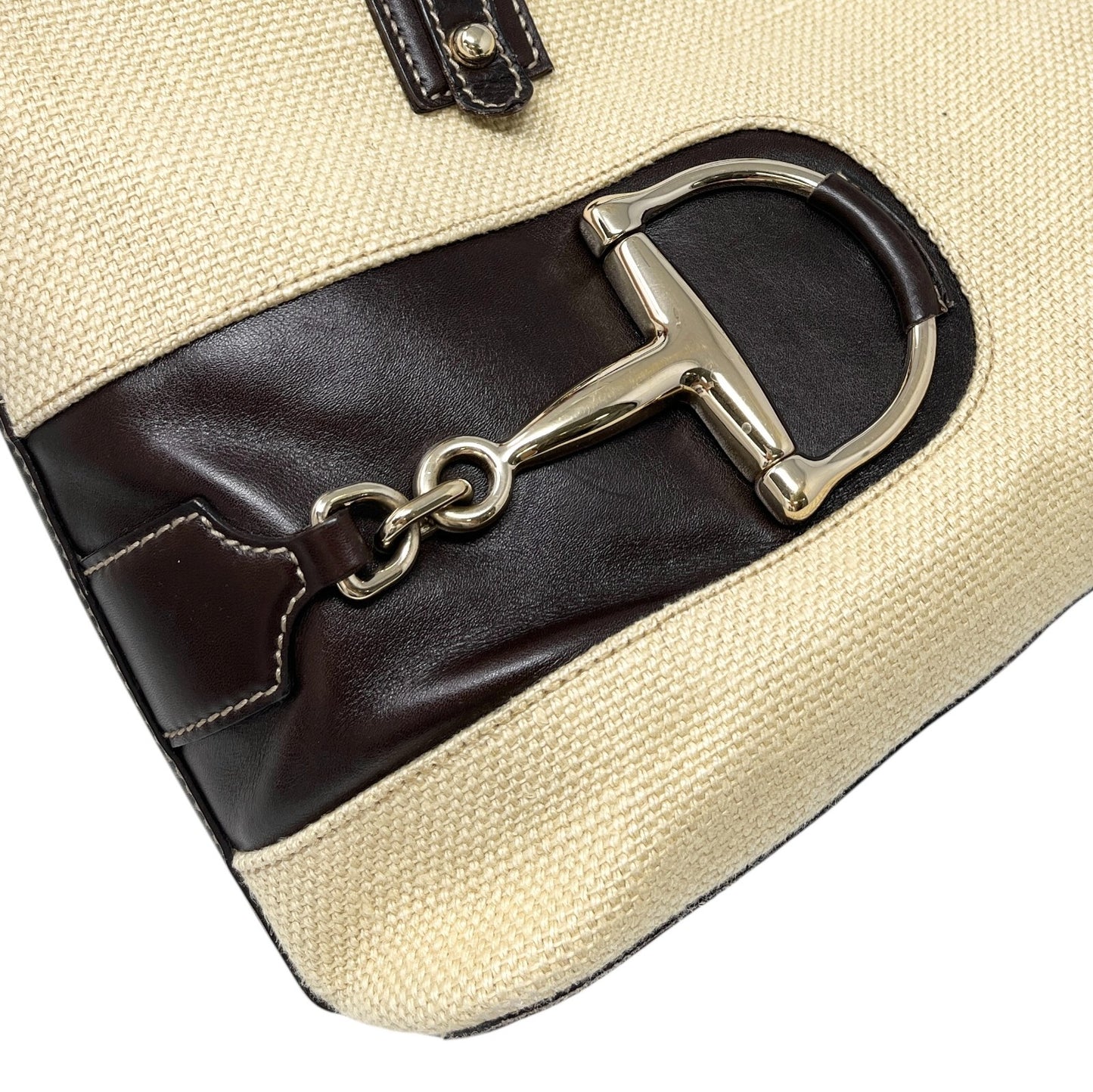 GUCCI Vintage Horsebit Shoulder Tote Bag Beige Brown Silver Cotton Leather