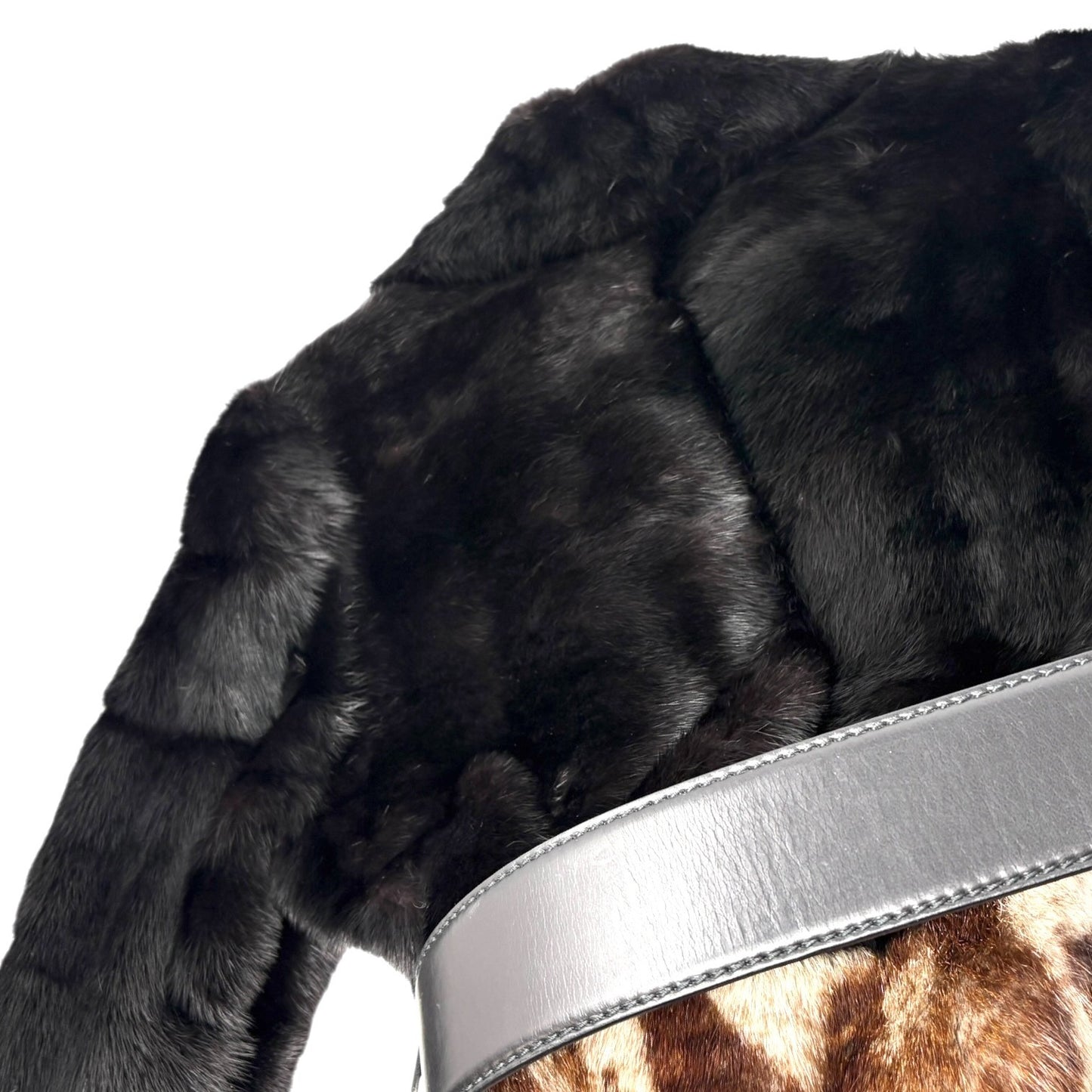 GUCCI Vintage Logo Belted Fur Leopard Long Coat Jacket #40 Black Brown Leather
