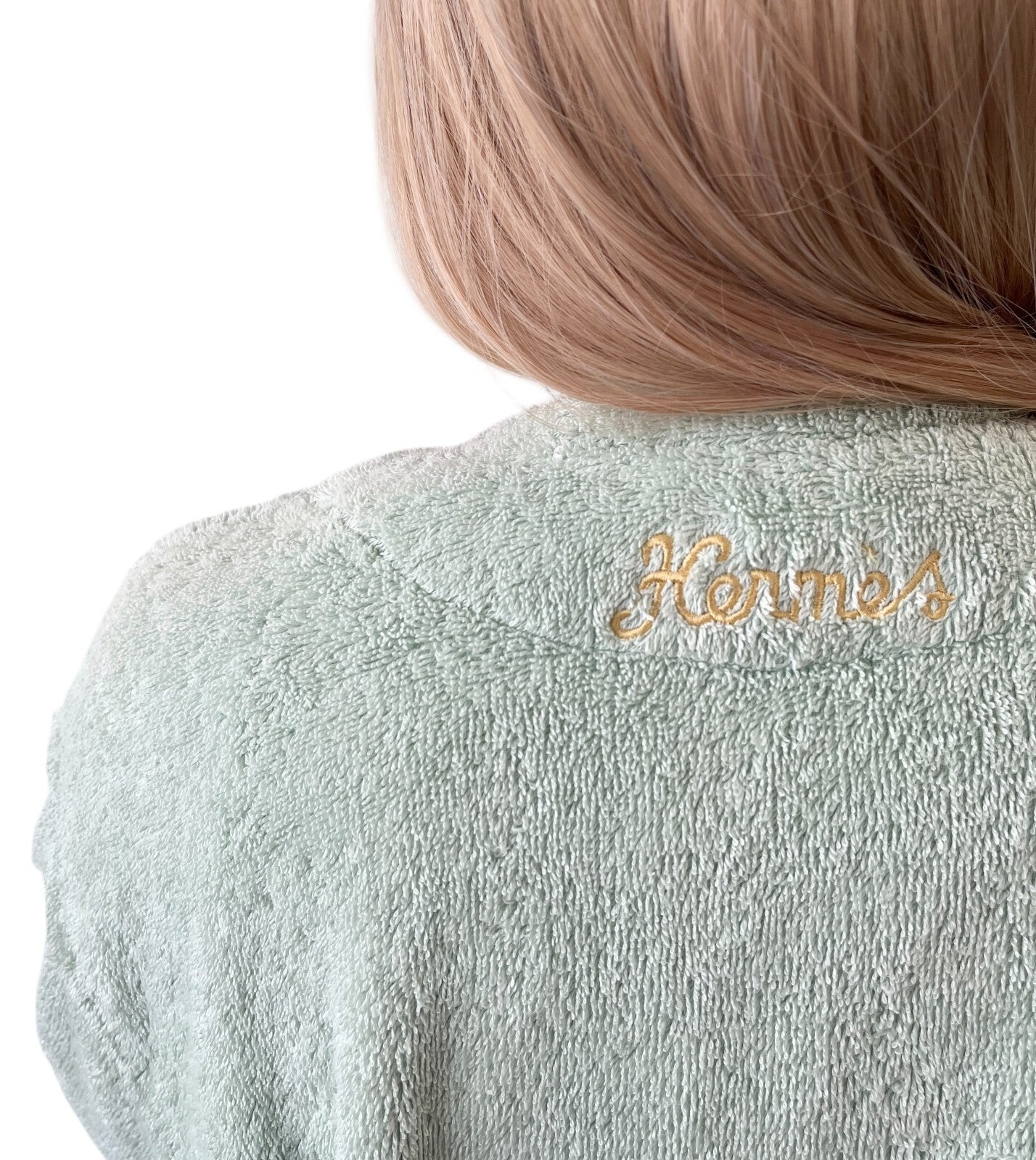 HERMES Vintage Logo Echapee Toggle Button Bathrobe #XS Green Cotton Terry Cloth