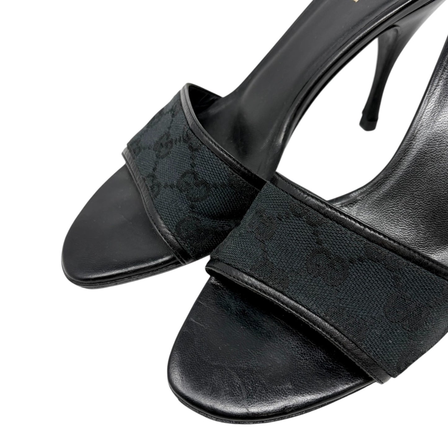 GUCCI Vintage GG Monogram Open Toe Sandals #37.5 Black Heels Canvas