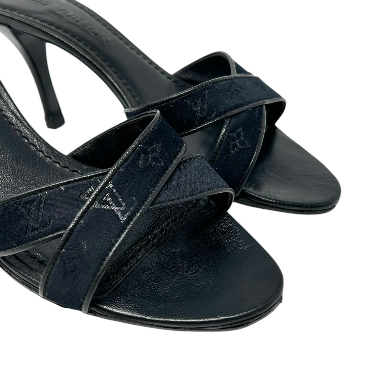 LOUIS VUITTON Vintage LV Monogram Satin Open Toe Sandals #37 Black Leather