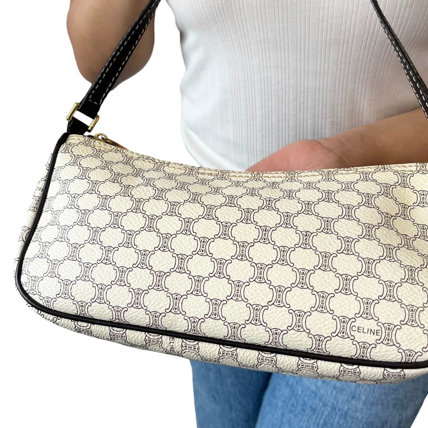 CELINE Vintage Macadam Monogram Shoulder Bag Pochette White Brown PVC 902075