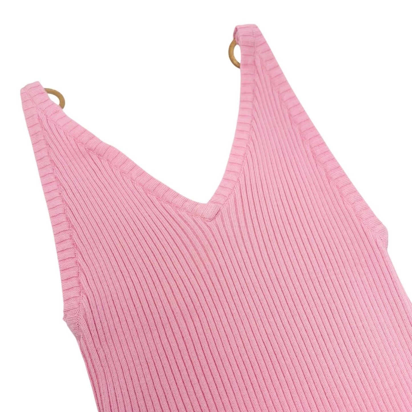 CHANEL Vintage 01C CC Logo Knit Rib Tank Top #42 Gold Rings Pink Cotton