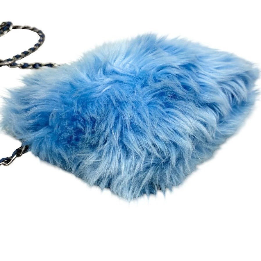 PRADA Vintage Logo Pelliccia Chain Shoulder Bag Mini Pouch Blue Faux Fur 902321