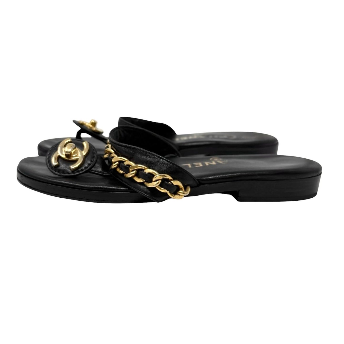 CHANEL Vintage Turnlock CC Logo Chain Sandals #37-37.5 Black Gold Leather 901814