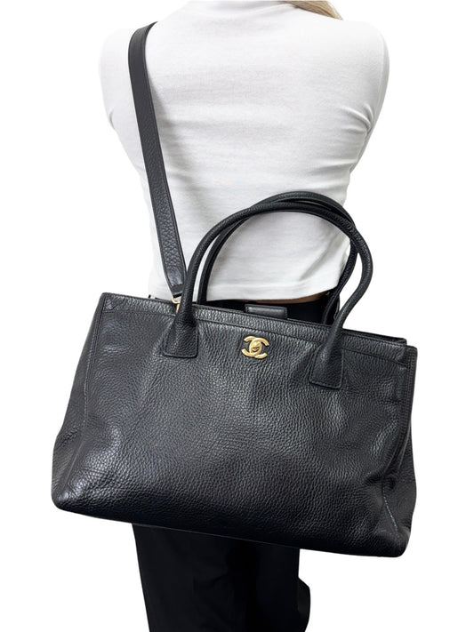 CHANEL Vintage CC Logo Executive 2way Tote Shoulder Bag Black Gold 902802