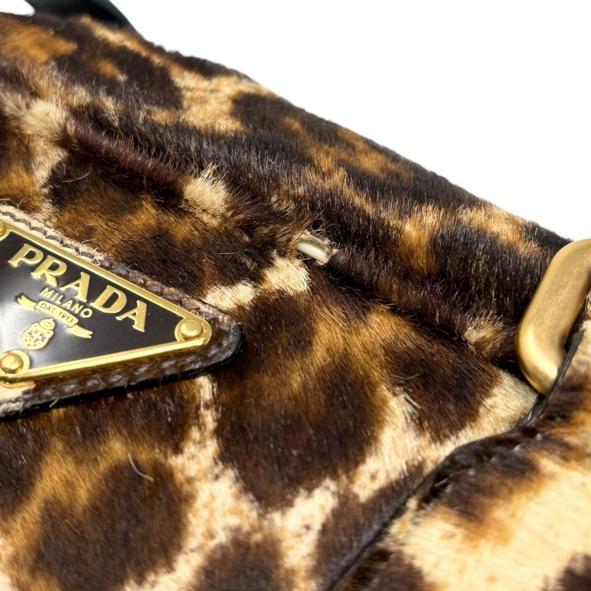 PRADA Vintage Leopard Pony Calf Hair Shoulder Top Handle Bag Cream Brown 902393