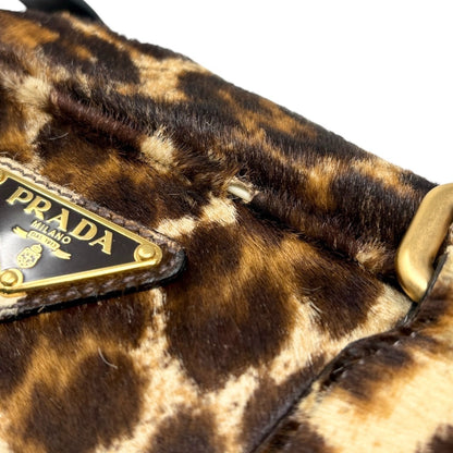 PRADA Vintage Leopard Pony Calf Hair Shoulder Top Handle Bag Cream Brown 902393