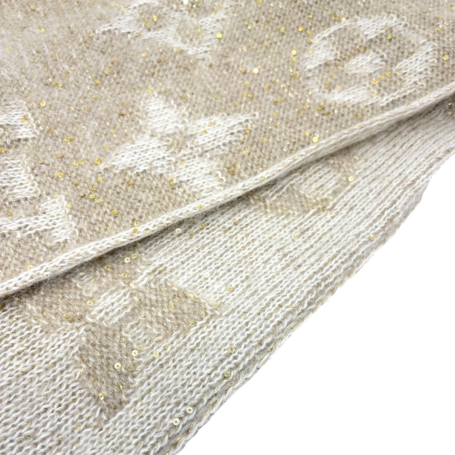 LOUIS VUITTON Vintage LV Monogram Knit Sequins Scarf Shawl Wrap Beige Mohair