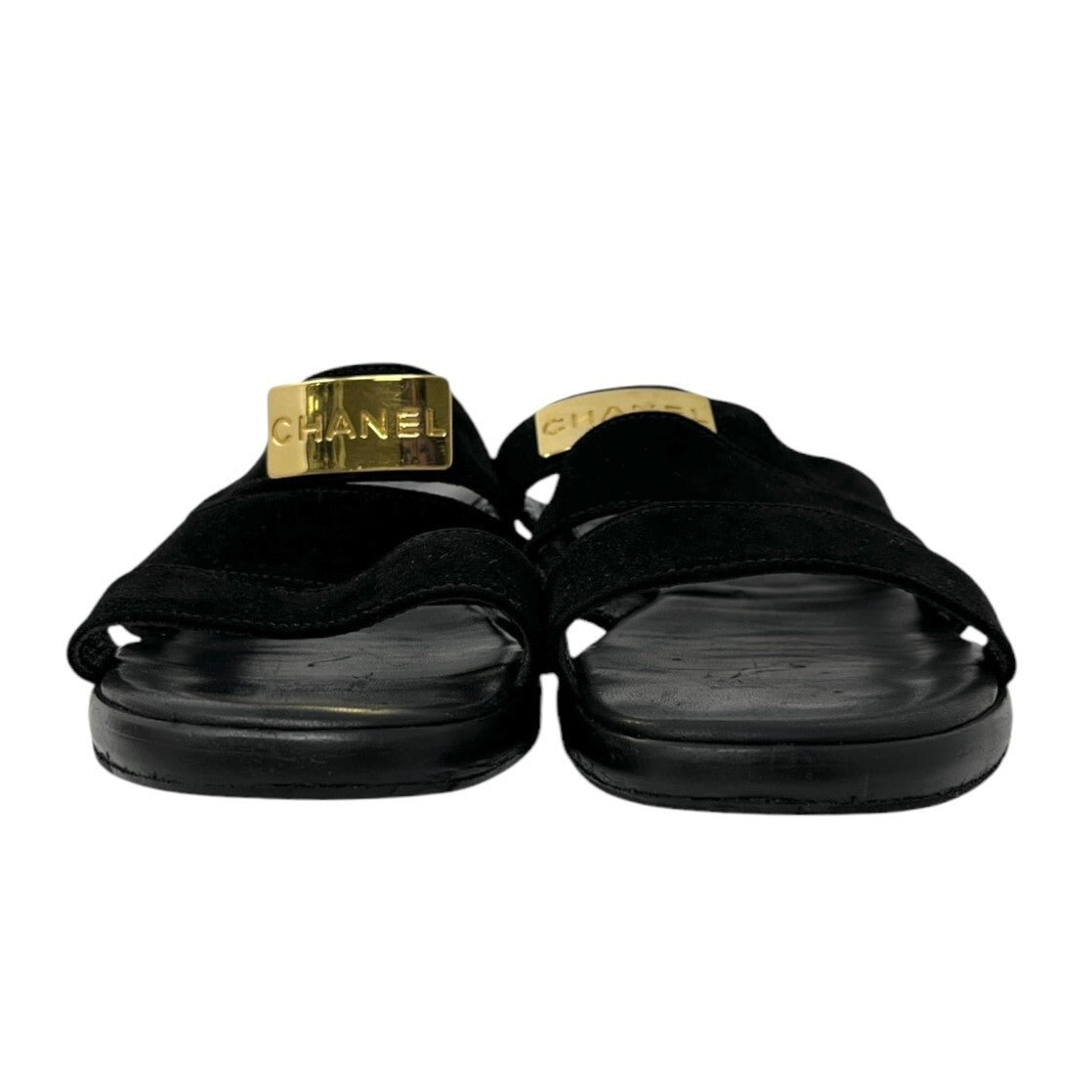 CHANEL Vintage CC Mark Logo Plate Slide Sandals #37-37.5 Black Gold Suede