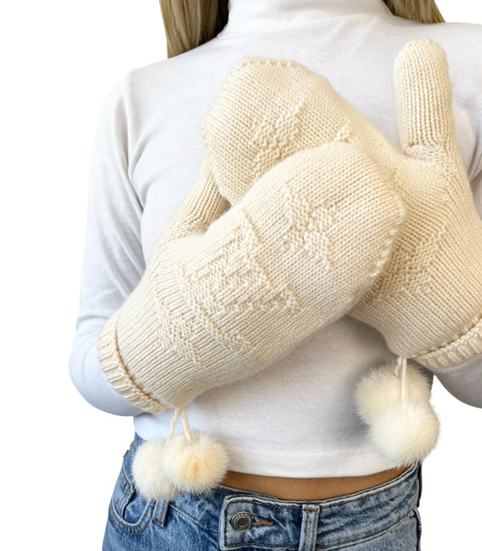 LOUIS VUITTON Vintage Cashmere Knit Gloves Mittens Mink Pompons Cream LV Logo