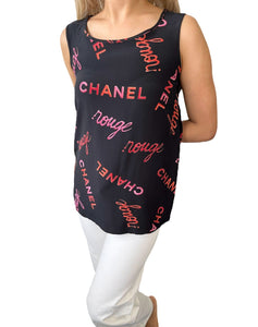 CHANEL Vintage 96P Rouge Logo Sleeveless Top #34 Button Black Silk Rank AB+