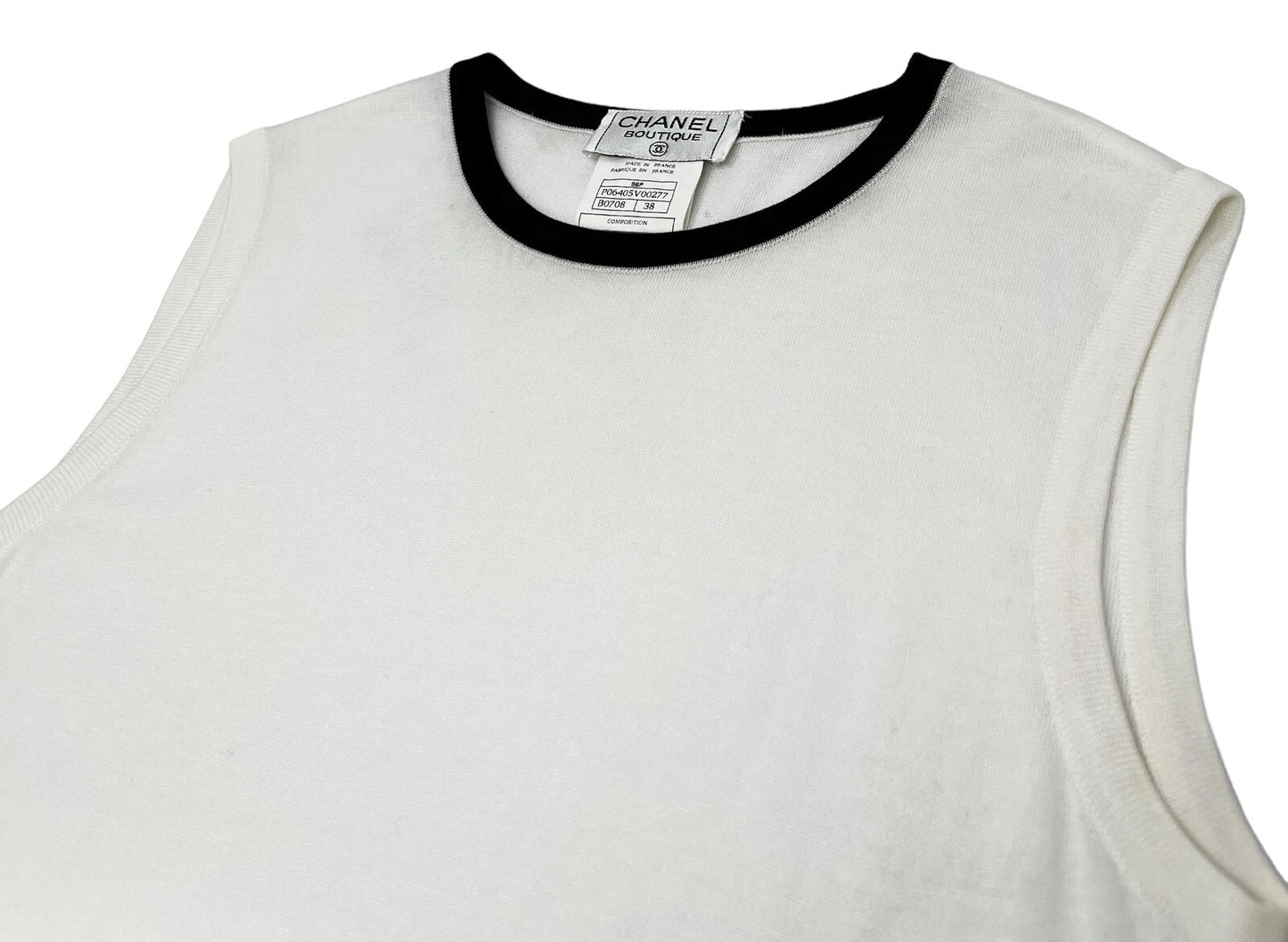 CHANEL 96P CC Logo Summer Knit Tank Top #38 Pullover Cotton White Black RankAB