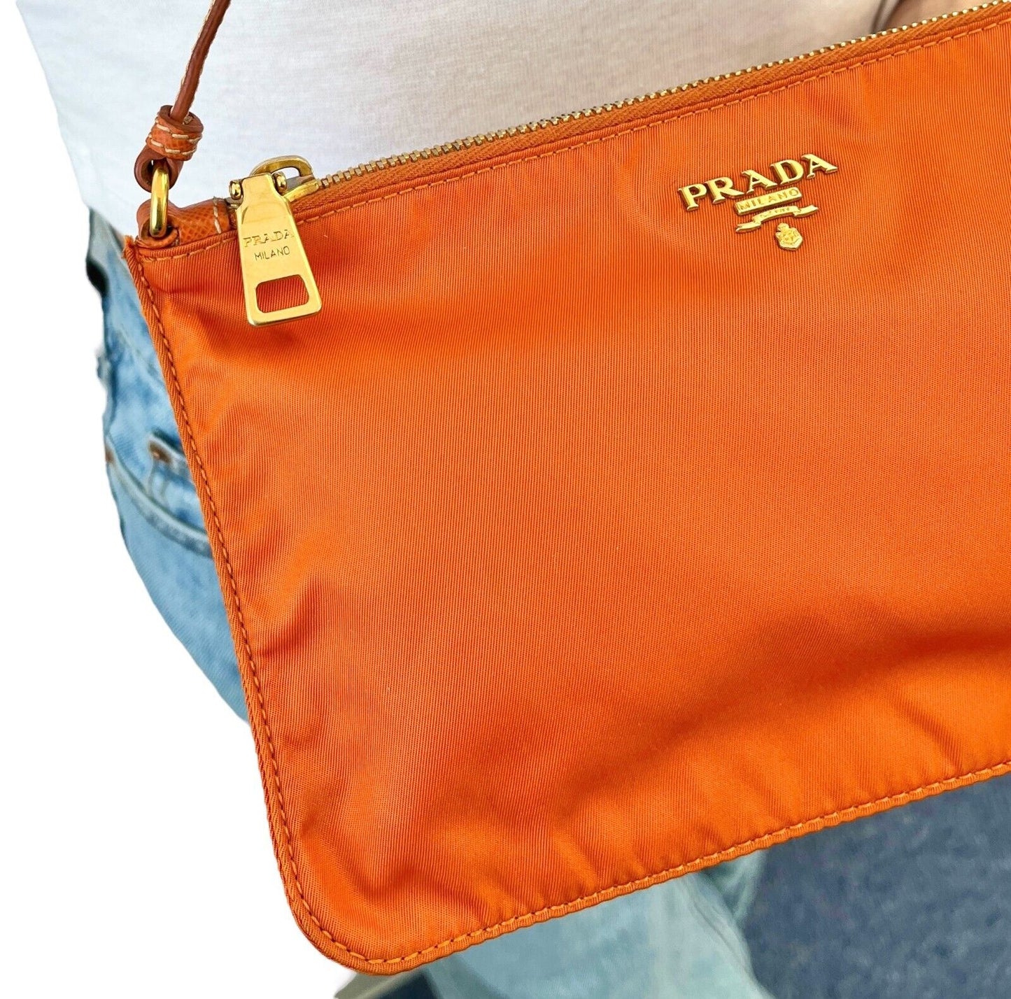PRADA Vintage Logo Mini Shoulder Bag Pochette Pouch Orange Nylon Zip Leather