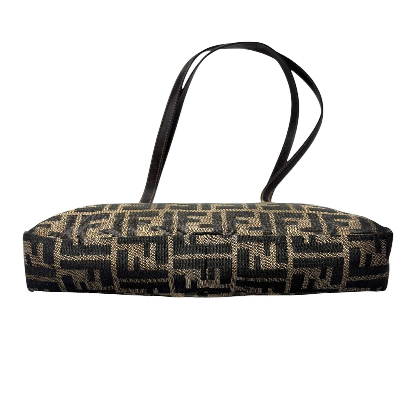 FENDI Vintage FF Zucca Monogram Canvas Shoulder Bag Brown Gold Leather 902063