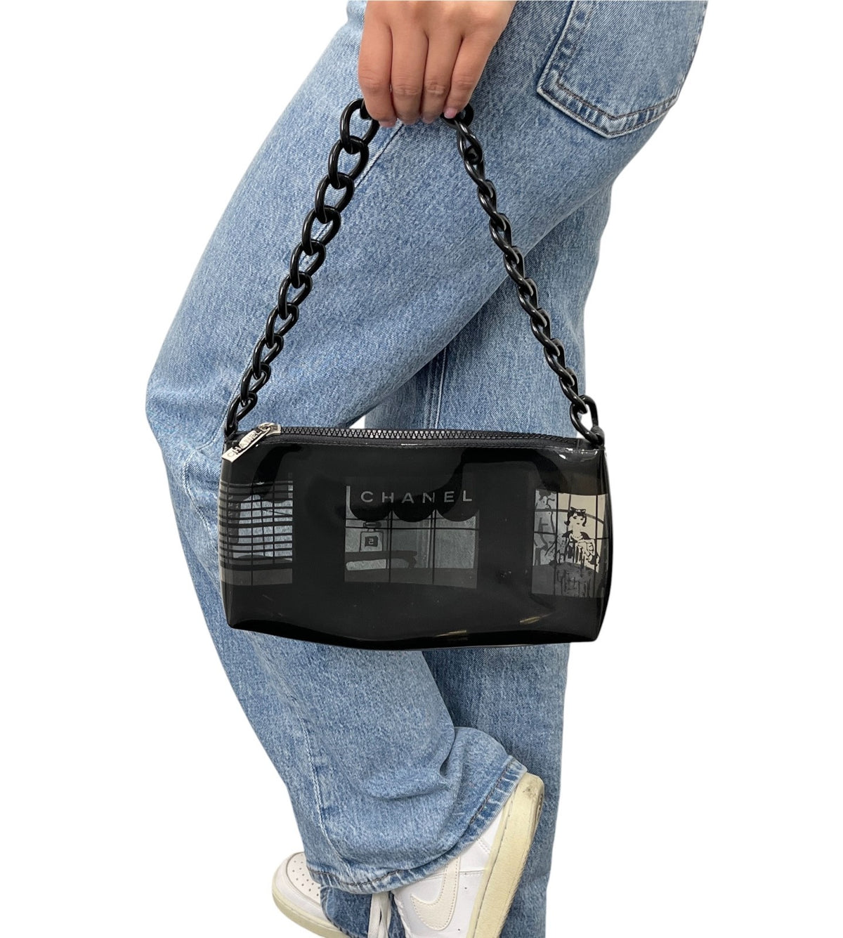 CHANEL Vintage CC Windows Chain Shoulder Bag Pochette Black Clear Vinyl 902370