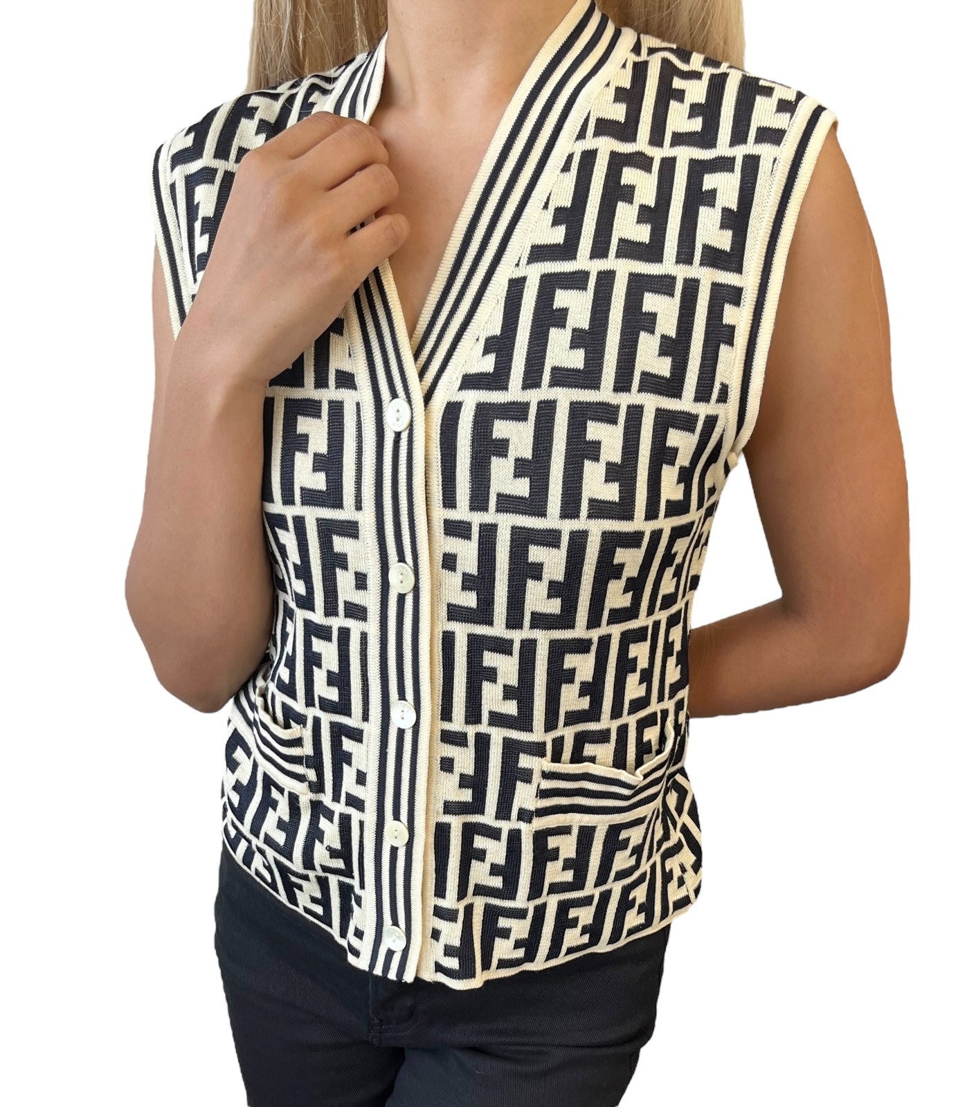 FENDI Vintage Zucca Monogram Knit Vest Cardigan Sweater #38 Cream Black Cotton