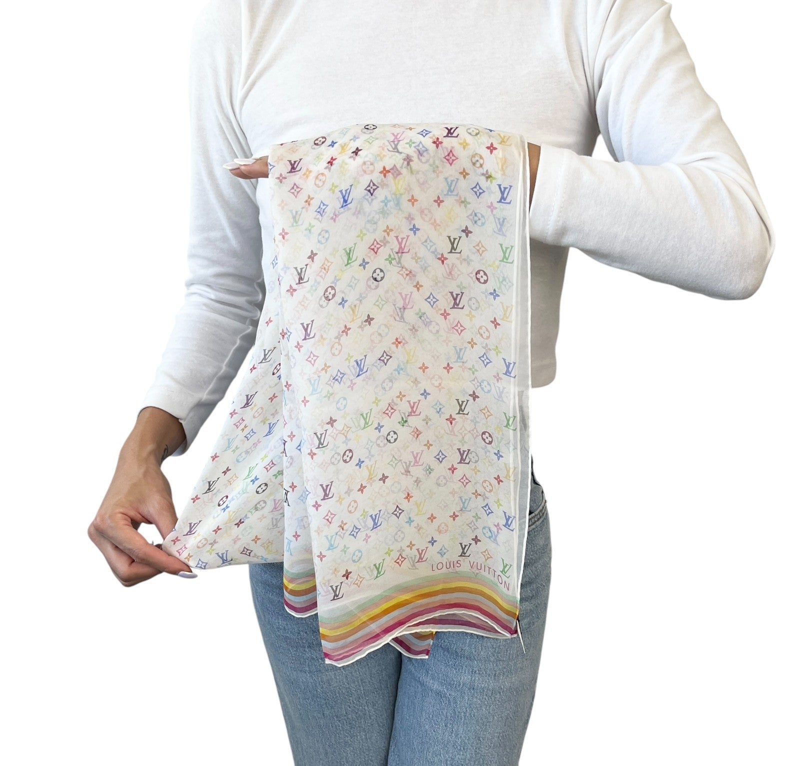 LOUIS VUITTON Vintage LV Logo Monogram Scarf Wrap Shawl Multicolor Silk