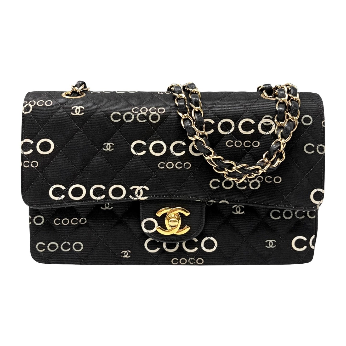 CHANEL Vintage CC Logo Print Turnlock Quilted Chain Shoulder Bag Black 902275